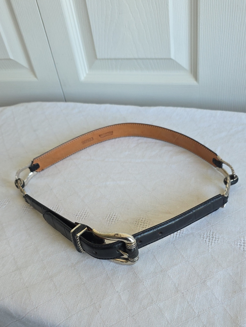 Vintage BlacK Croc-Embossed Leather Belt with Ornate Silver-Tone Hardware Size M